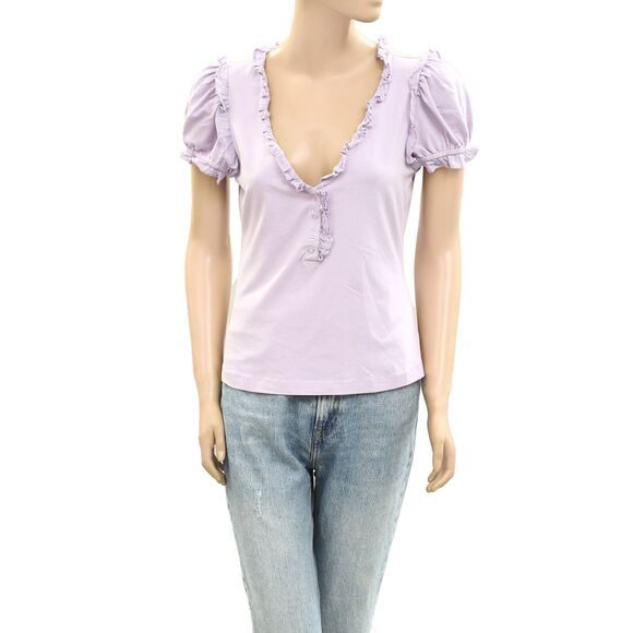 Maeve Anthropologie Puff-Sleeve Ruffle Henley Tee Blouse Top Ruffle XXS 280100 - Picture 6 of 9